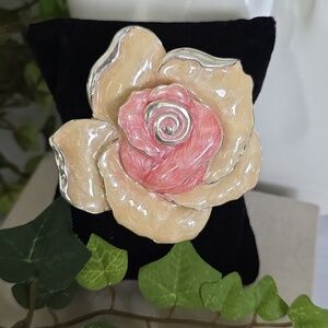 Vintage Statement Gold Enamel Pink Ivory Rose Flower Brooch Pin